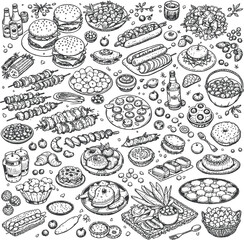 Global Cuisine Icon Set Featuring Black-and-White Illustrations of Burgers, Sushi, Pasta, Desserts, Snacks, and Traditional Dishes