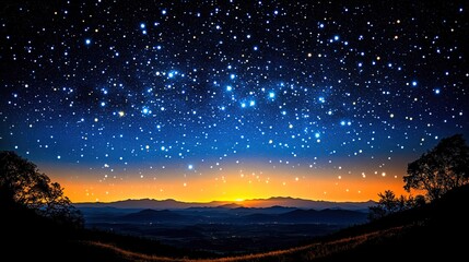 Starry Night Sky over Mountainous Landscape at Dusk with Silhouetted Trees 