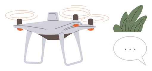 Quadrotor drone flying near leafy plants, speech bubble beside for customizable text. Ideal for technology, innovation, communication, exploration, environment, drone use creative ideas. Simple flat
