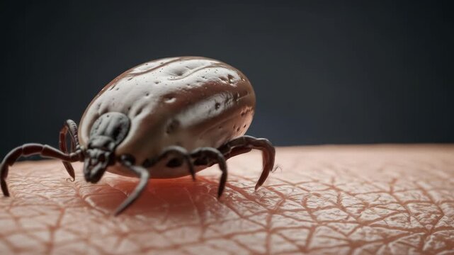 Closeup of engorged tick crawling on human skin in macro detail