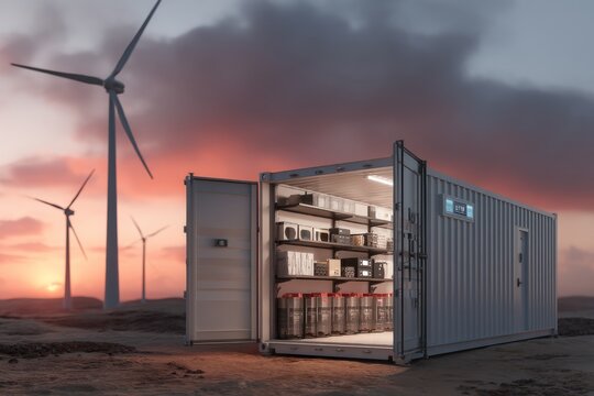 A shipping container displays advanced energy storage systems in a wind farm at sunset, showcasing technology harnessing renewable energy efficiently Generative AI