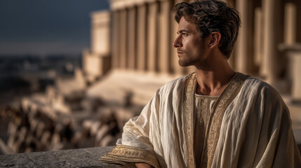 King Solomon, with neat black hair and sharp features, stands on his palace balcony in a gold-embroidered white tunic, overseeing the temple courtyard glowing in morning light.biblical story․.