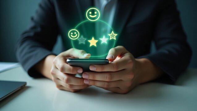 Hands hold a phone, with a holographic display of stars and smiley faces above it.