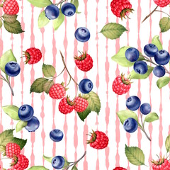 Hand-drawn seamless pattern illustration featuring scattered raspberries, blueberries on a soft pink striped background.