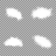 Transparent cloud, nature sky or food smoke art. Cloud, fire smoke wave and foggy nature element decoration. Vector set of realistic white cloud, fog or smoke in the sky. Vector illustration Smoke png