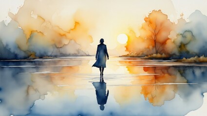 Silhouette of Woman Walking Towards Distant Trees - Watercolor Illustration