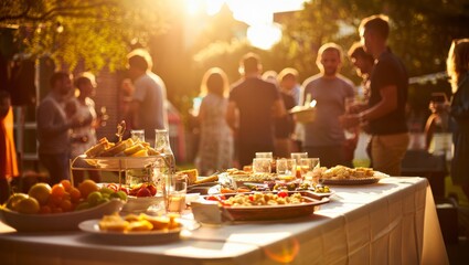 Outdoor Buffet Table with Guests at a Party