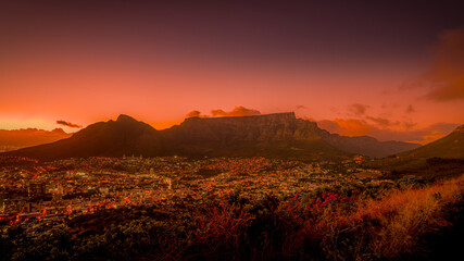 Sunrise over Table Mountain and Cape Town viewed from Signal Hill