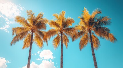 Three Palm Trees Against a Clear Blue Sky with Clouds 