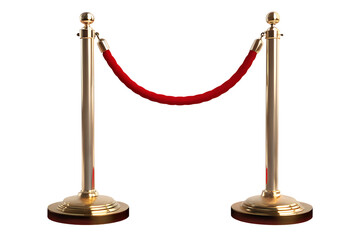 Golden stanchions red velvet rope isolated on a transparent background