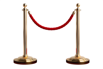Golden stanchions red velvet rope isolated on a transparent background