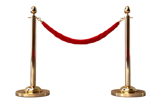 Golden stanchions with red velvet rope isolated on a transparent background