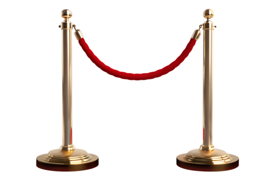 Golden stanchions red velvet rope isolated on a transparent background