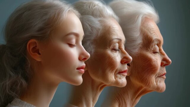 A woman aging process depicted through facial changes, emphasizing beauty of each stage, from youth to older years, capturing the grace and strength that evolve with time, marking a life journey.