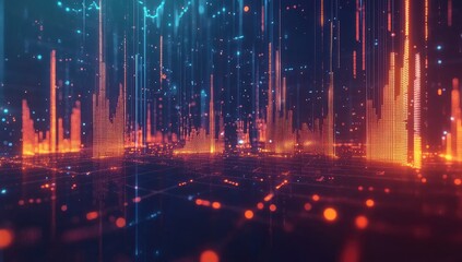 Abstract digital landscape with vibrant glowing lines and particles