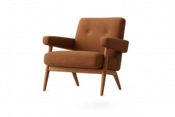 Plush brown armchair featuring wooden legs, resting on clean transparent backdrop, ideal for home decor rendering