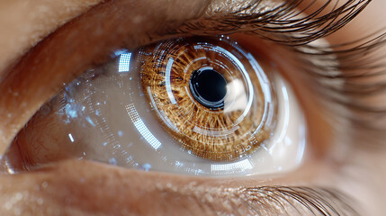 Close-up of a human eye showcasing advanced digital interface technology, illustrating the seamless integration of biology and innovation in a futuristic vision
