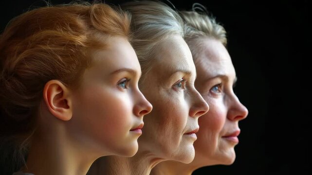 Aging journey of a woman, portraying the natural shifts in her face, symbolizing the passage of time and the evolution of identity, reflecting the wisdom and grace gained through the stages of life.