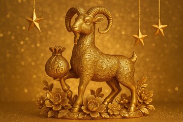 Golden goat figurine with money bag. AI Generative.