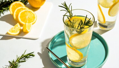 Vibrant and refreshing glass of lemon and rosemary infused water for a healthy detox lifestyle