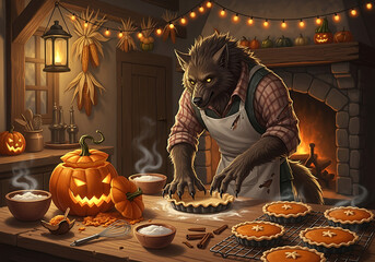 A werewolf making pies in a kitchen decorated for halloween with pumpkins and string lights above him