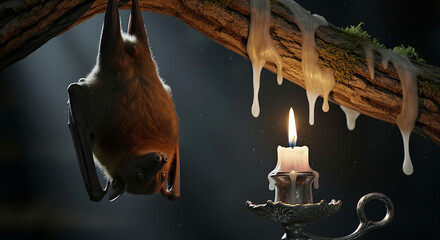 A bat hanging upside down near a candle on a branch with dripping wax in a dark spooky setting