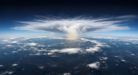 Fototapeta premium Cloud Spectacle from Above: A breathtaking aerial view showcasing a colossal cumulus cloud formation, casting a striking shadow and bathed in sunlight, against a backdrop of the azure sky. 