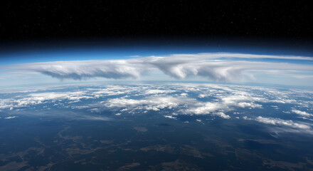 Obraz premium Earth from Space: Witness the breathtaking curvature of Earth, showcasing an expansive atmospheric view, cloud formations and a serene landscape.