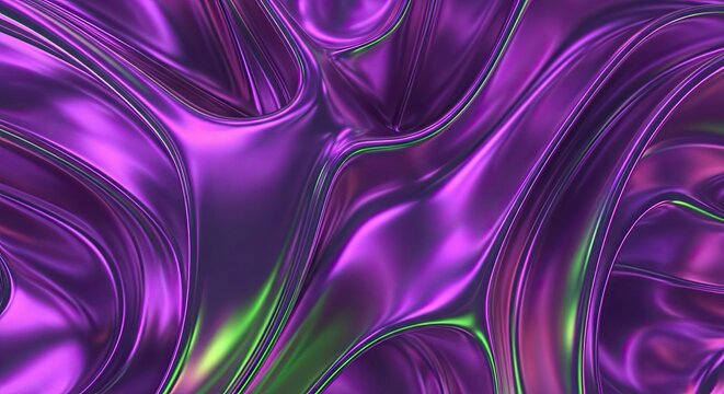 Vibrant purple and green metallic fluid surface with organic waves and shiny texture