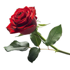 Close-up of a single, dark red rose with green leaves.  The rose's petals are tightly clustered, displaying a deep crimson hue. 