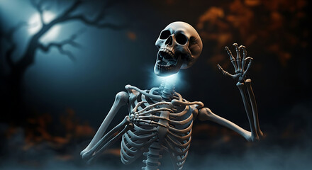 A skeleton with its mouth open and one hand raised against a dark and foggy background at night