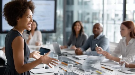 Young african american businesswoman leading a presentation to her team in a modern office meeting room - Powered by Adobe