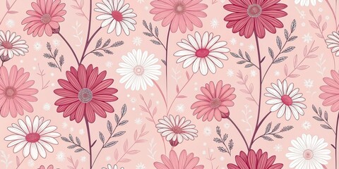 Fototapeta premium Pink Daisy Delight Floral Pattern with Delicate Lines,spring,botanical