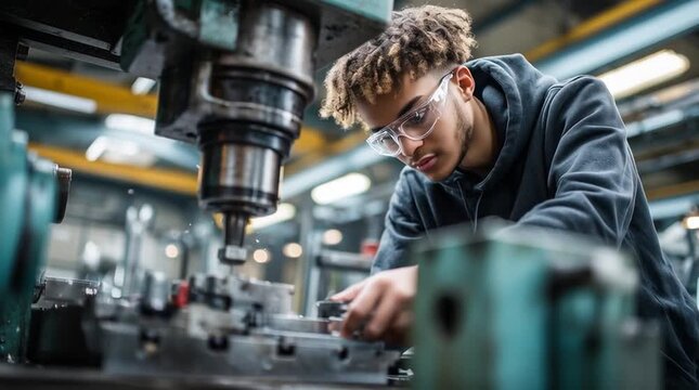 Apprentice concentrating while operating precision milling equipment during industrial manufacturing training