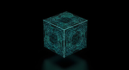 Obraz premium Digital Cube of Innovation: A mesmerizing, glowing digital cube, rendered with intricate light patterns. The cube hovers weightlessly against a clean, dark backdrop.