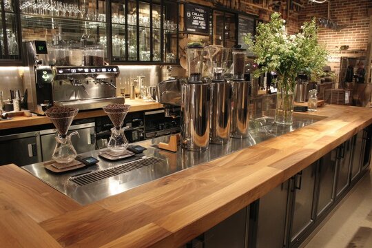 Modern Coffee Bar Counter with Professional Brewing Equipment - Powered by Adobe