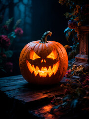 Halloween night scene with glowing pumpkin face on wooden background and deep shadow atmosphere