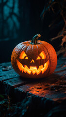 Carved Halloween pumpkin with mischievous smile glowing warmly on dark wooden surface in shadows