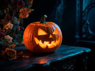 Spooky carved jack-o’-lantern illuminated from inside on rustic wood table in dark moody lighting