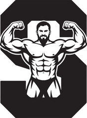 Fototapeta premium Muscular man flexing biceps within a large letter S graphic bodybuilder muscle