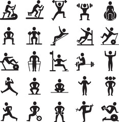 Collection of 25 black and white fitness and gym activity icons on a white background workout exercise