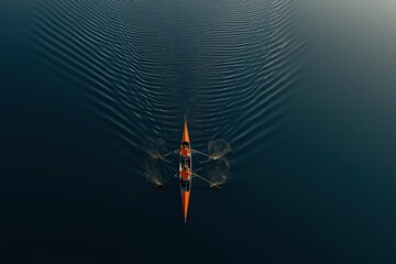 Two synchronized rowers glide across calm water in perfect aerial symmetry