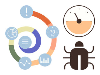 Circular infographic with icons for pie chart, statistics, bug, gauge, and progress. Ideal for data analysis, productivity tracking, performance, metrics diagnostics process efficiency simple flat