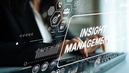 Person Engaged in Insight Management with Digital Interface and Graphs Displaying Business Analytics and Data Trends. Asymptotic smart data analytic.
