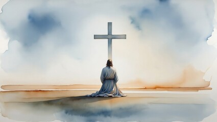 Praying Figure at the Foot of the Cross - Watercolor Illustration