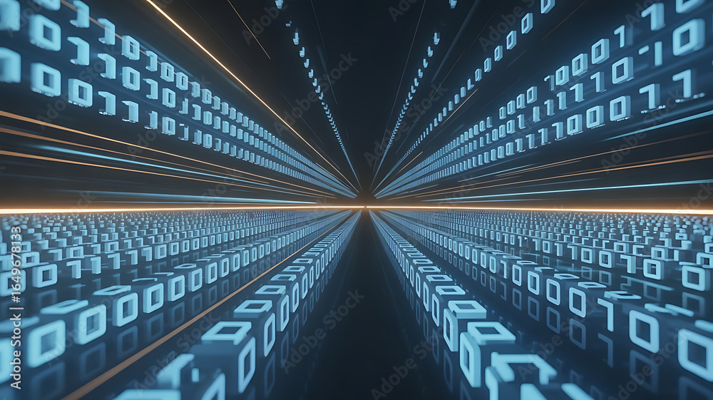 Wall mural an immersive 3d cyberspace tunnel with rows of glowing blue binary code blocks extending into the di