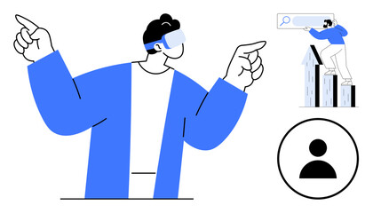 Man wearing VR headset gesturing, smaller figure using magnifying glass icon on growth arrows, profile circle. Ideal for technology, innovation, progress, data, exploration analytics vision. Simple