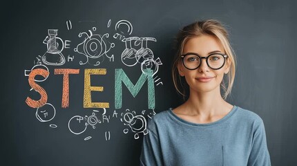 Confident female student standing near blackboard displaying STEM subjects, showing positive academic enthusiasm