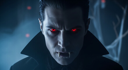 Close up of a vampire with red eyes and fangs wearing a dark coat in a spooky environment