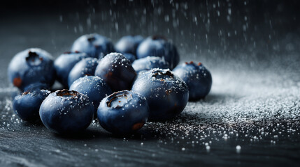 Fresh Blueberries with Powdered Sugar on Black Slate . Ai gen.
